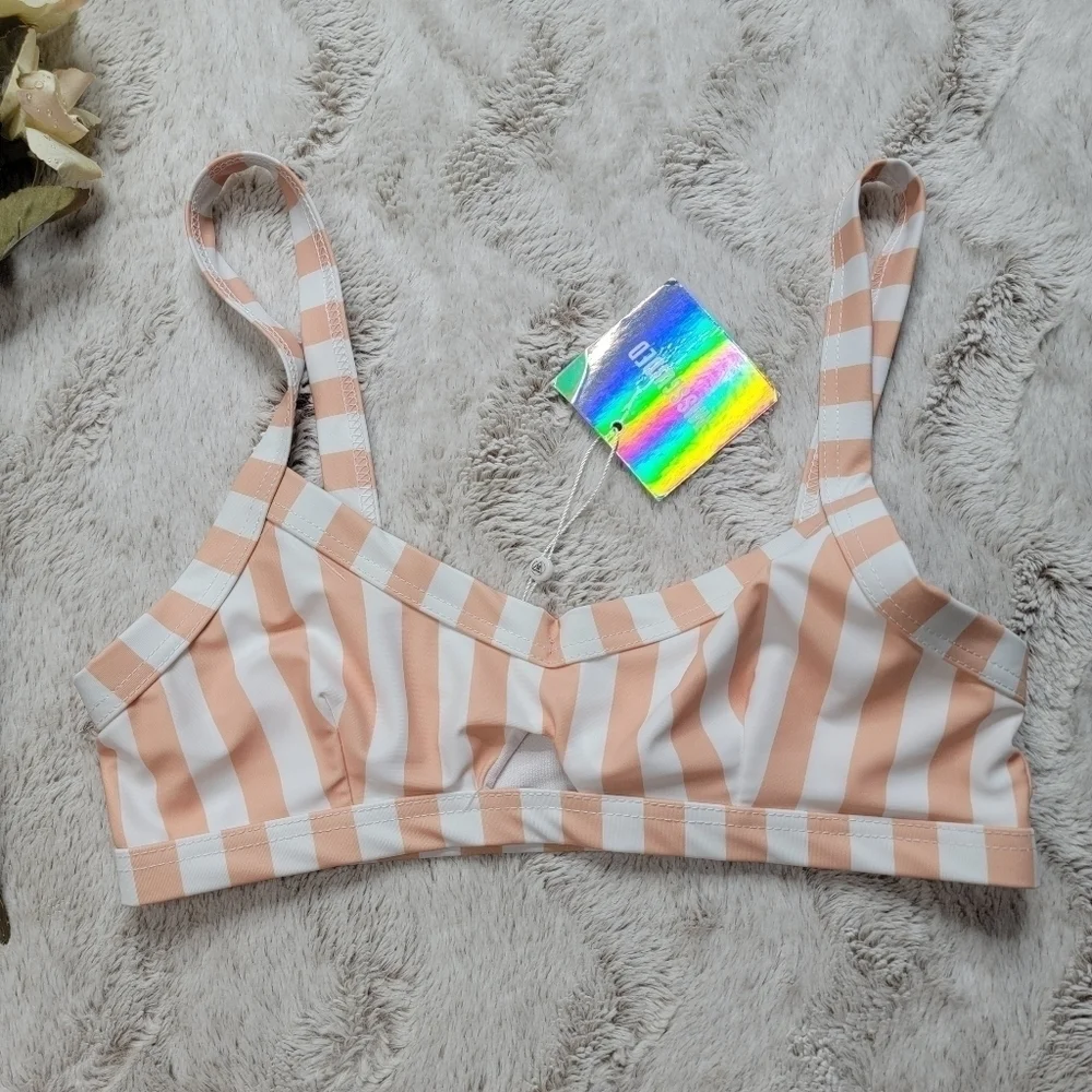 Missguided Stripe Cut Out Bikini Swim Top White Peach NWT Size 6 - Picture 3 of 12